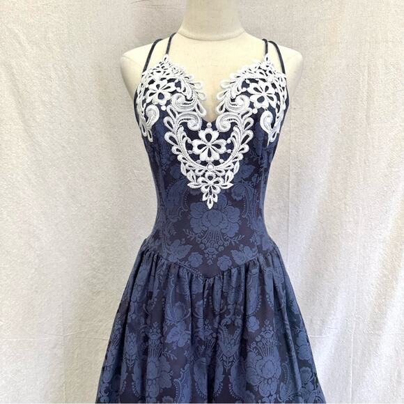 Gunne Sax vintage 80s navy brocade tea length formal/party dress size 7/8 - Picture 13 of 16